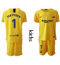 Barcelona #1 Ter Stegen Yellow Goalkeeper Kid Soccer Club Jersey