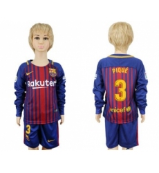 Barcelona #3 Pique Home Long Sleeves Kid Soccer Club Jersey