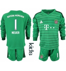 Bayern Munchen #1 Neuer Green Goalkeeper Long Sleeves Kid Soccer Club Jersey