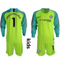 Chelsea #1 Arrizabalaga Shiny Green Goalkeeper Long Sleeves Kid Soccer Club Jersey