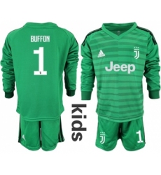 Juventus #1 Buffon Green Goalkeeper Long Sleeves Kid Soccer Club Jersey