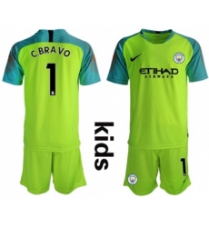 Manchester City #1 C.Bravo Shiny Green Goalkeeper Kid Soccer Club Jersey
