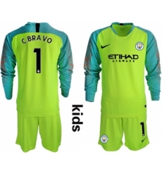 Manchester City #1 C.Bravo Shiny Green Goalkeeper Long Sleeves Kid Soccer Club Jersey