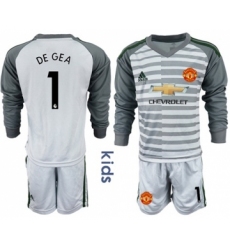 Manchester United #1 De Gea Grey Goalkeeper Long Sleeves Kid Soccer Club Jersey