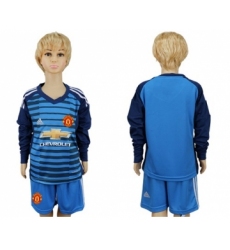 Manchester United Blank Blue Long Sleeves Kid Soccer Club Jersey