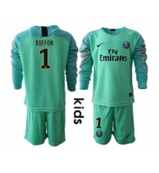 Paris Saint Germain #1 Buffon Green Goalkeeper Long Sleeves Kid Soccer Club Jersey