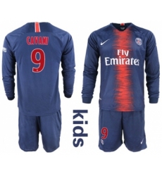 Paris Saint-Germain #9 Cavani Home Long Sleeves Kid Soccer Club Jersey