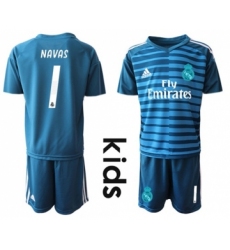 Real Madrid #1 Navas Blue Goalkeeper Kid Soccer Club Jersey