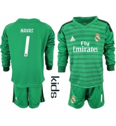 Real Madrid #1 Navas Green Goalkeeper Long Sleeves Kid Soccer Club Jersey
