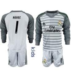 Real Madrid #1 Navas Grey Goalkeeper Long Sleeves Kid Soccer Club Jersey