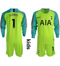 Tottenham Hotspur #1 Lloris Shiny Green Goalkeeper Long Sleeves Kid Soccer Club Jersey
