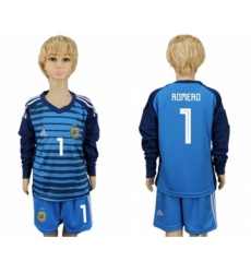 Argentina #1 Romero Blue Long Sleeves Goalkeeper Kid Soccer Country Jersey