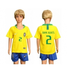 Brazil #2 Dani Alves Home Kid Soccer Country Jersey