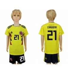 Colombia #21 Cardona Home Kid Soccer Country Jersey