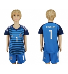Spain #1 Casillas Blue Goalkeeper Kid Soccer Country Jersey