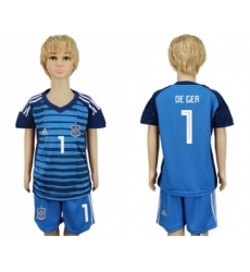 Spain #1 De Gea Blue Goalkeeper Kid Soccer Country Jersey