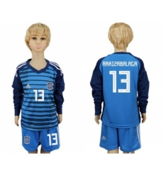 Spain #13 Arrizabalaga Blue Long Sleeves Goalkeeper Kid Soccer Country Jersey