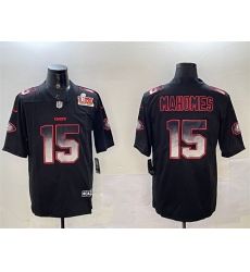 Men's Kansas City Chiefs #15 Patrick Mahomes Black 2025 Super Bowl LIX Smoke Fashion Vapor Limited Stitched Football Jersey