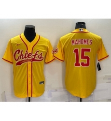 Men's Kansas City Chiefs #15 Patrick Mahomes Gold With Patch Cool Base Stitched Baseball Jersey