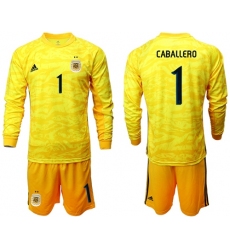 Argentina #1 Caballero Yellow Long Sleeves Goalkeeper Soccer Country Jersey