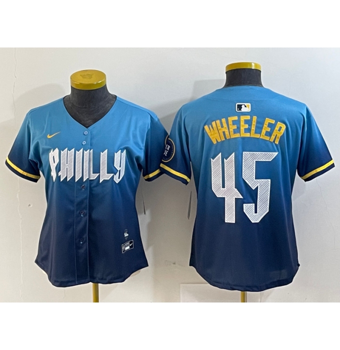 Women's Philadelphia Phillies #45 Zack Wheeler Blue 2024 City Cool Base Stitched Jersey