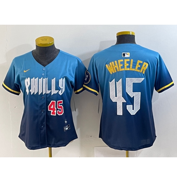 Women's Philadelphia Phillies #45 Zack Wheeler Blue 2024 City Player Number Cool Base Stitched Jerseys