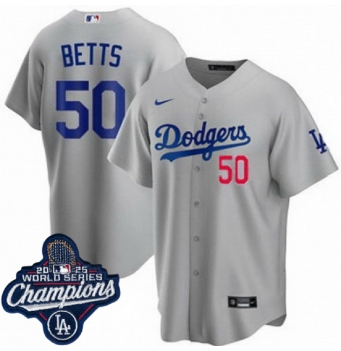 Men's Los Angeles Dodgers 50 Mookie Betts Cool Base 2025 World Champions Stitched Baseball Jersey Gray