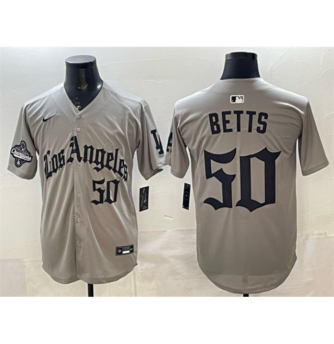 Men's Los Angeles Dodgers #50 Mookie Betts Grey LA Gothic Style With 2025 World Series Champions Limited Stitched Baseball Jersey