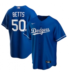 Men's Los Angeles Dodgers #50 Mookie Betts Nike Royal 2020 World Series Champions Patch Alternate Replica Jersey
