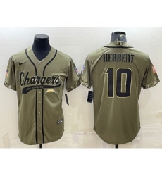 Men's Los Angeles Chargers #10 Justin Herbert Olive Salute to Service Cool Base Stitched Baseball Jersey