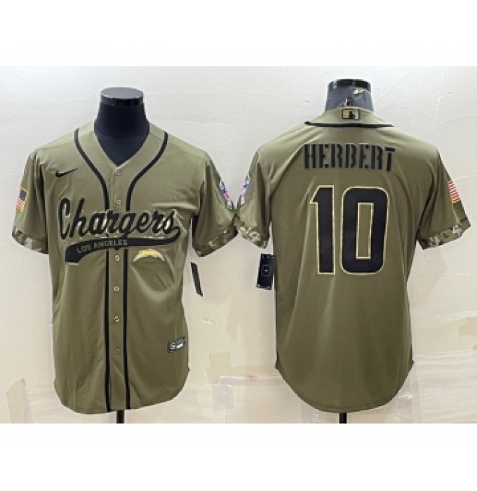 Men's Los Angeles Chargers #10 Justin Herbert Olive Salute to Service Cool Base Stitched Baseball Jersey