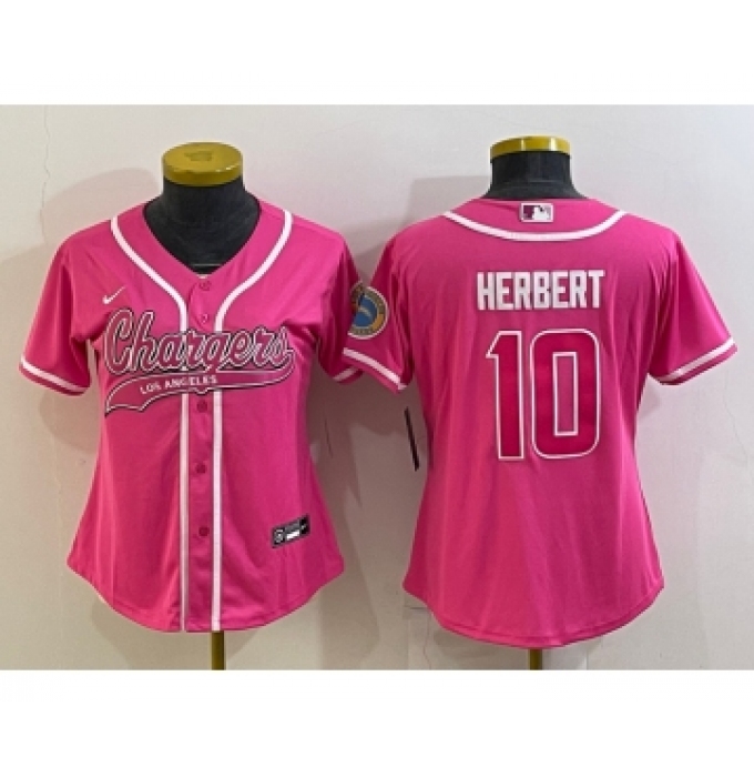 Women's Los Angeles Chargers #10 Justin Herbert Pink With Patch Cool Base Stitched Baseball Jersey