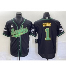 Men's Nike Philadelphia Eagles #1 Jalen Hurts Black With C Cool Base Stitched Baseball Jersey