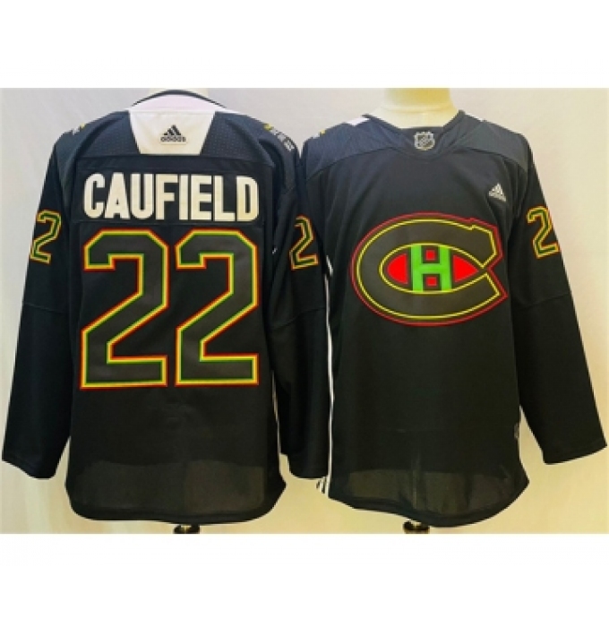 Men's Montreal Canadiens #22 Cole Caufield 2022 Black Warm Up History Night Stitched Jersey