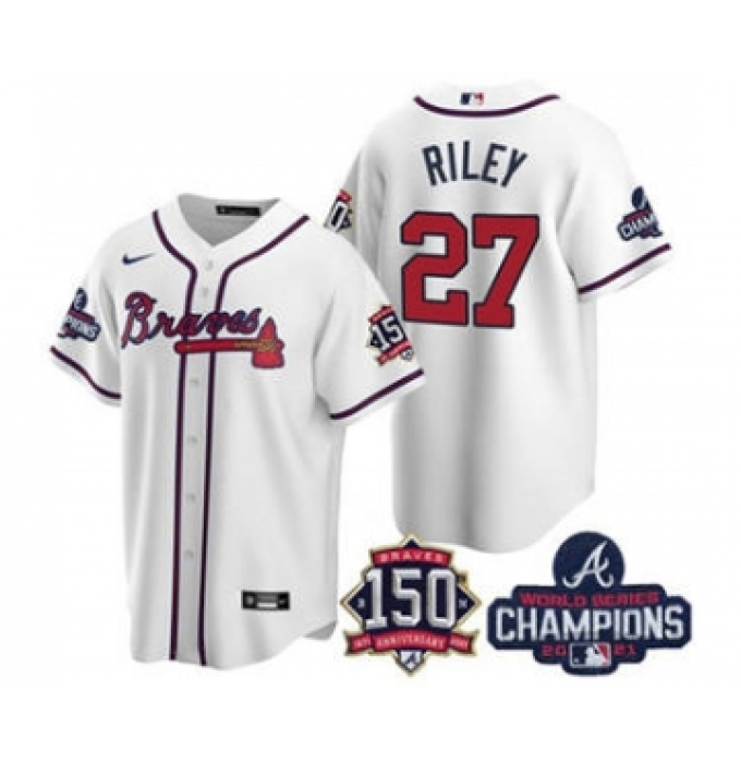 Men's Atlanta Braves #27 Austin Riley 2021 White World Series Champions With 150th Anniversary Patch Cool Base Stitched Jersey