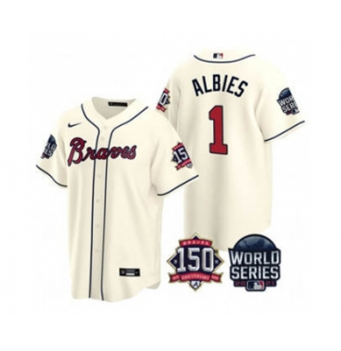Men's Atlanta Braves #1 Ozzie Albies 2021 Cream World Series With 150th Anniversary Patch Cool Base Baseball Jersey