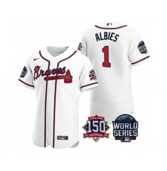 Men's Atlanta Braves #1 Ozzie Albies 2021 White World Series Flex Base With 150th Anniversary Patch Baseball Jersey