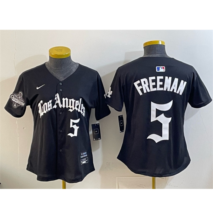 Women's Los Angeles Dodgers #5 Freddie Freeman Black 2025 World Series Champions LA Gothic Edition Limited Stitched Baseball Jersey(Run Small)