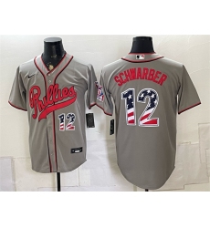 Men's Philadelphia Phillies #12 Kyle Schwarber Gray 2026 Field of Dreams USA 250 Fourth of July Stadium Stitched Baseball Jersey