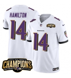 Men's Baltimore Ravens #14 Kyle Hamilton White 2023 F.U.S.E. AFC North Champions Vapor Limited Football Stitched Jersey