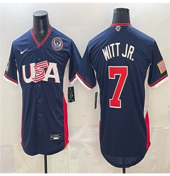 Men's USA Baseball #7 Bobby Witt Jr. Navy 2026 World Baseball Classic United States 250th Anniversary Road Stadium Stitched Jersey