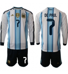 Men's Argentina #7 DE PAUL Long Sleeve National Team FIFA x World Cup 2026 Home White On Field Jersey