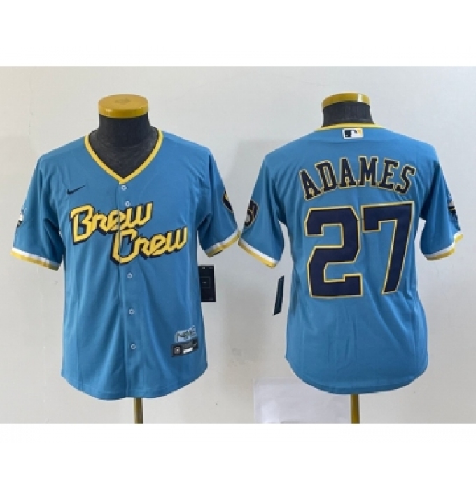 Youth Milwaukee Brewers #27 Willy Adames Blue 2022 City Connect Cool Base Stitched Jersey