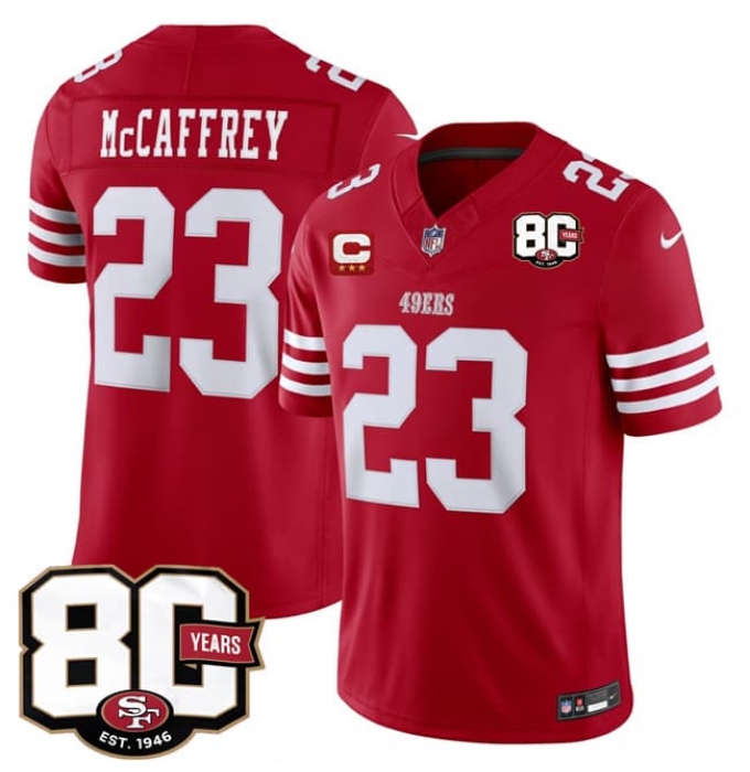Men's San Francisco 49ers #23 Christian McCaffrey Red 2026 F.U.S.E. With 80th Anniversary & 3-Star C Vapor Untouchable Limited Football Stitched Jersey