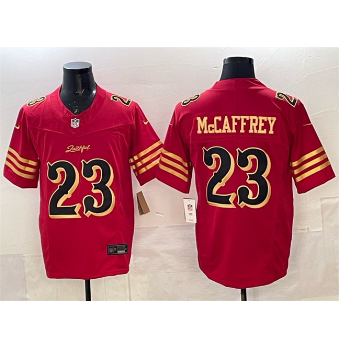 Men's San Francisco 49ers #23 Christian McCaffrey Red Gold 2025 F.U.S.E. “Rivalries” Vapor Limited Football Stitched Jersey