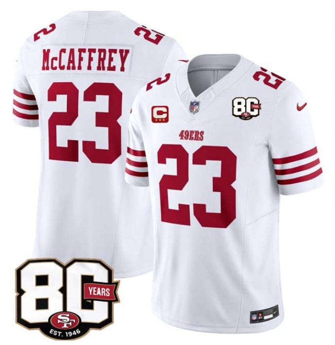 Men's San Francisco 49ers #23 Christian McCaffrey White 2026 F.U.S.E. With 80th Anniversary & 3-Star C Vapor Untouchable Limited Football Stitched Jersey