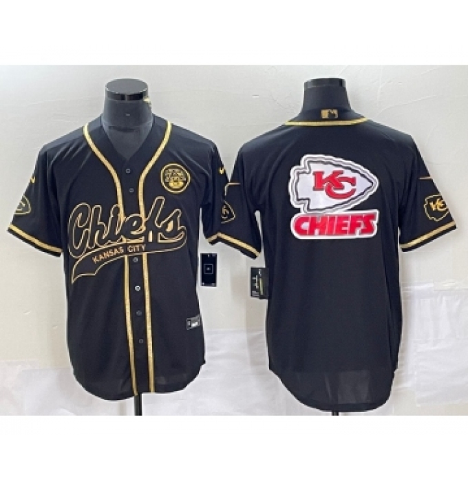 Men's Nike Kansas City Chiefs Big Logo Black Gold Cool Base Stitched Baseball Jersey