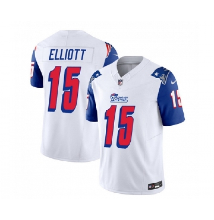 Men's Nike New England Patriots #15 Ezekiel Elliott White Blue 2023 F.U.S.E. Vapor Limited Football Stitched Jersey