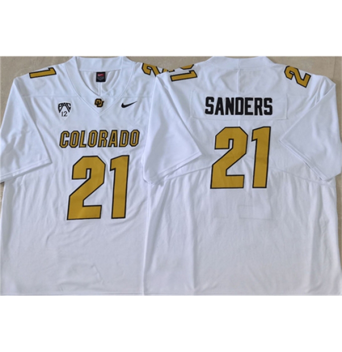 Men's Colorado Buffaloes #21 Shilo Sanders White 2023 With PAC-12 Patch Stitched Football Jersey
