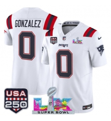Men's New England Patriots #0 Christian Gonzalez White 2025 F.U.S.E. Super Bowl LX And USA 250 Vapor Limited Football Stitched Jersey